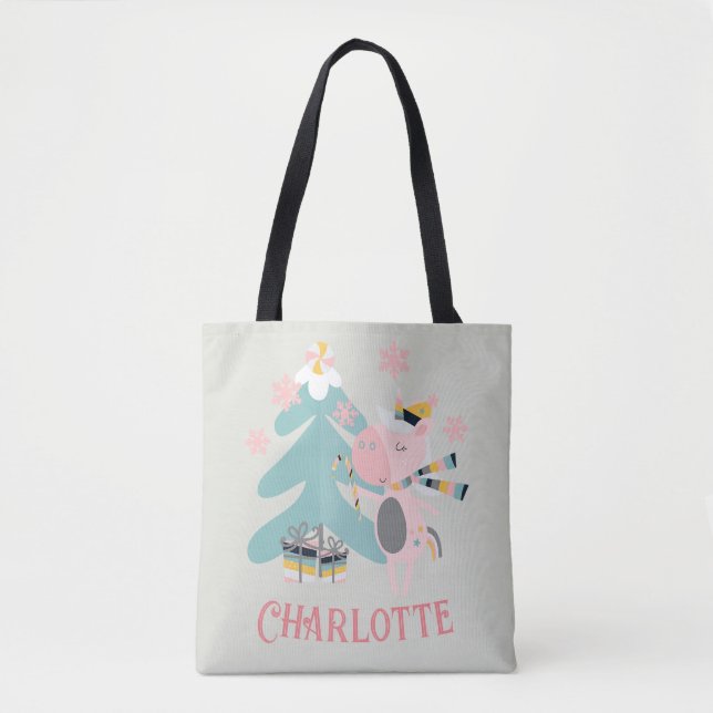 Cute Boho Christmas Unicorn with Name on Sage Tote Bag (Front)