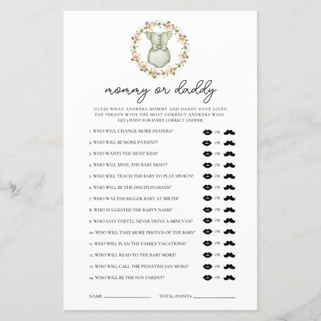 Cute Boho Clothes Mommy or Daddy Baby Shower Game (Front)