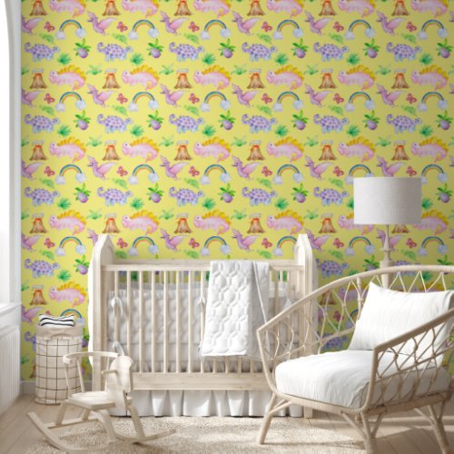 Cute Boho Colorful Dinosaur Rainbow Yellow Nursery Wallpaper