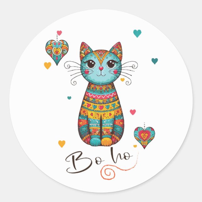 Cute Boho Colorful Floral Cat  Classic Round Sticker (Front)