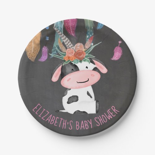 Cute Boho Cow Chalkboard Baby Shower Paper Plates