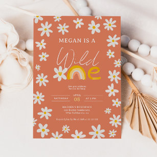 Cute boho daisy rainbow wild one 1st birthday kids invitation