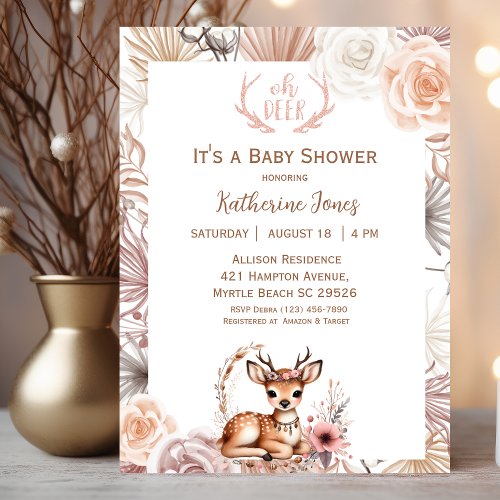 Cute Boho Deer Baby Shower  Invitation