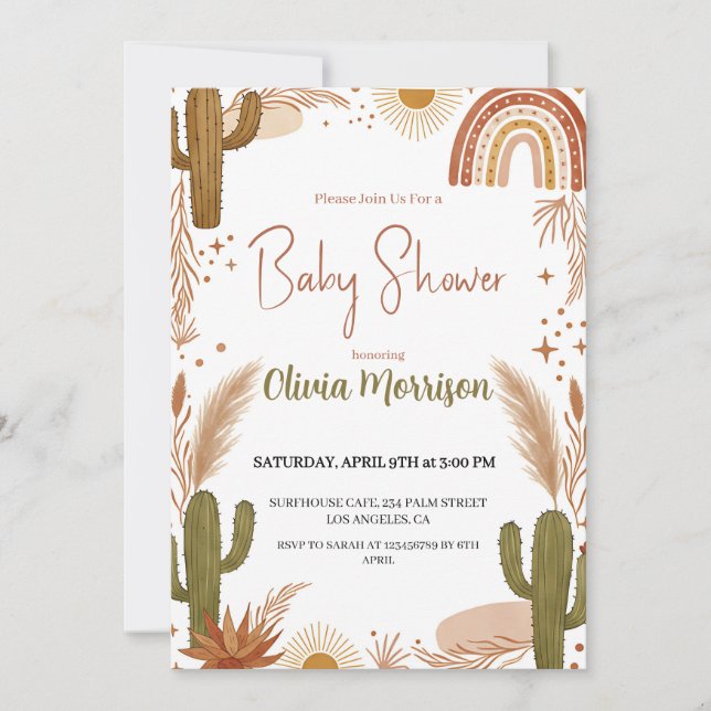 Cute Boho Desert Cactus, Rainbow Baby Shower Invitation (Front)