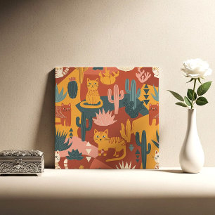 Cute Boho Desert Cats Cactus Succulent Pattern Ceramic Tile