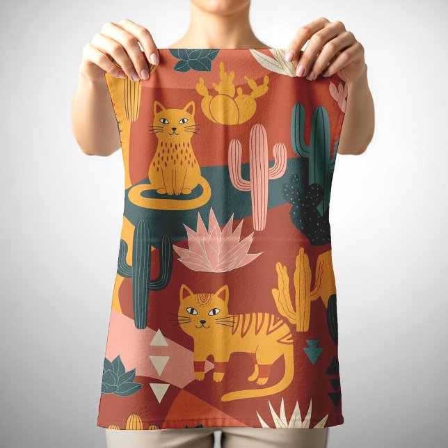 Cute Boho Desert Cats Cactus Succulent Pattern Kitchen Towel (Creator Uploaded)