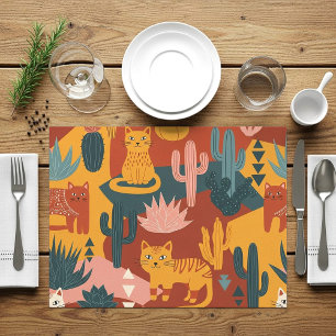 Cute Boho Desert Cats Cactus Succulent Pattern Placemat