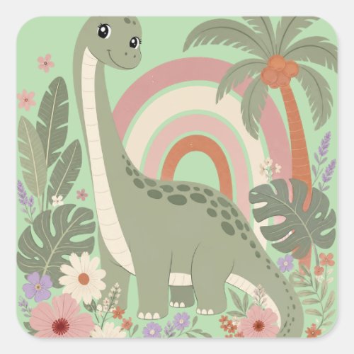 Cute Boho Dinosaur | Pastel Rainbow Dino | Floral  Square Sticker