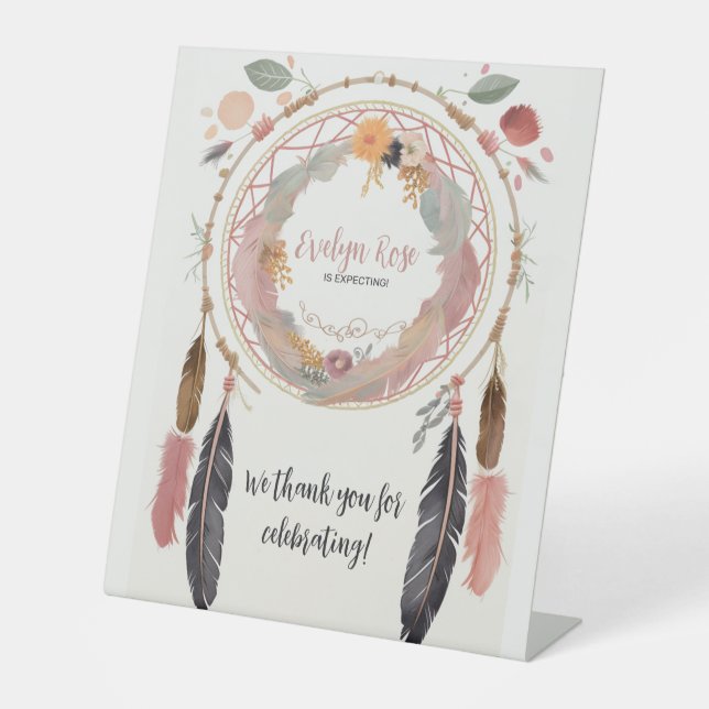 Cute Boho Dreamcatcher Baby Shower Party  Pedestal Sign (Front)