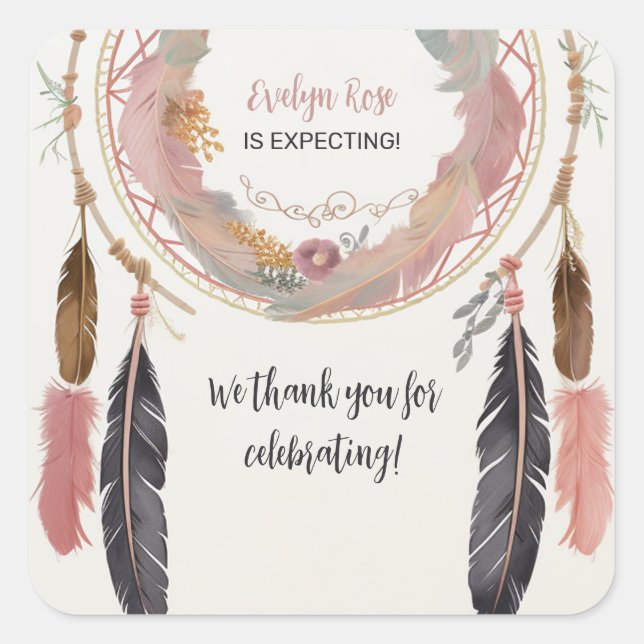 Cute Boho Dreamcatcher Baby Shower Party Square Sticker (Front)