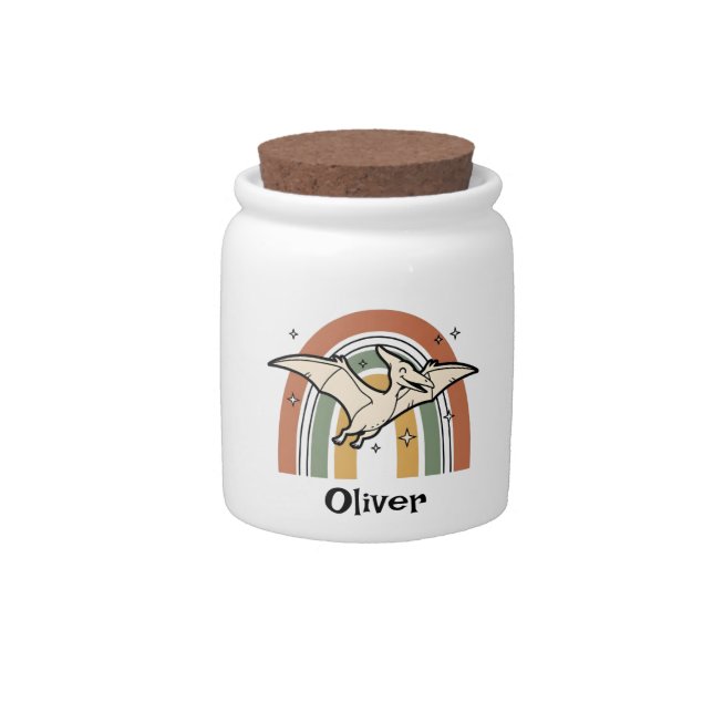 Cute Boho Earth Tone Flying Dinosaur & Rainbow Candy Jar (Front)
