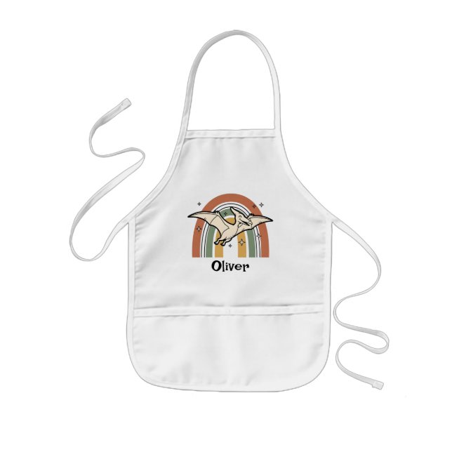 Cute Boho Earth Tone Flying Dinosaur & Rainbow Kids' Apron (Front)