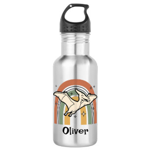 Cute Boho Earth Tone Flying Dinosaur & Rainbow Stainless Steel Water Bottle