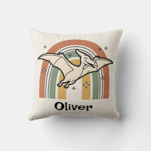 Cute Boho Earth Tone Flying Dinosaur & Rainbow Throw Pillow