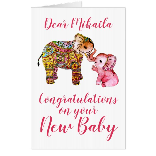 Cute Boho Elephants New Baby Congratulations Large Card (Front)