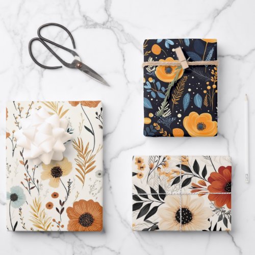 Cute Boho Fall Flowers Wrapping Paper Sheets