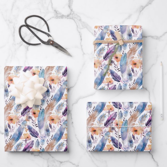 cute Boho feathers flowers tiled party Wrapping Paper Sheets (Front)