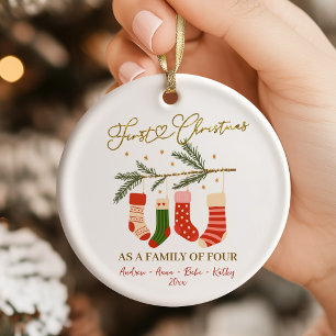 Cute Boho First Christmas Family of Four Ceramic Ornament