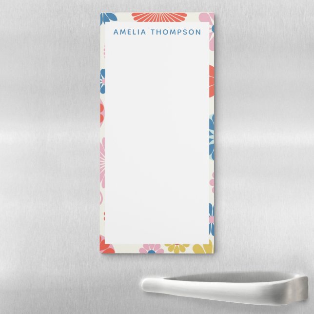 Cute Boho Floral Border Personalized Name Blue Magnetic Notepad (In Situ)