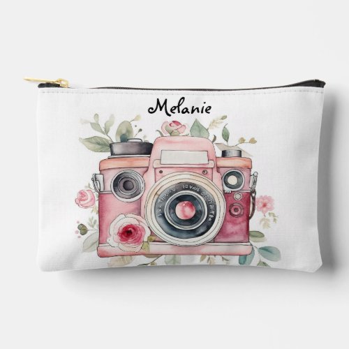 Cute Boho Floral Camera Watercolor Personalised Accessory Pouch