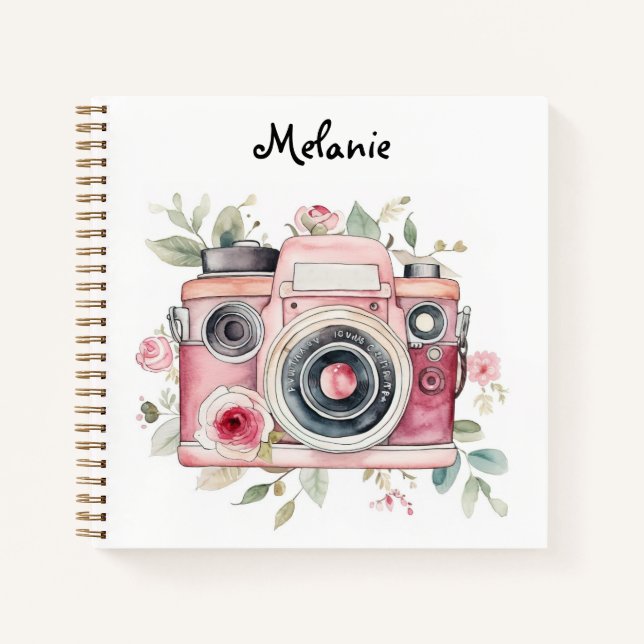 Cute Boho Floral Camera Watercolor Personalised Notebook (Front)