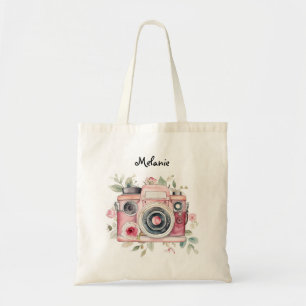 Cute Boho Floral Camera Watercolor Personalised Tote Bag