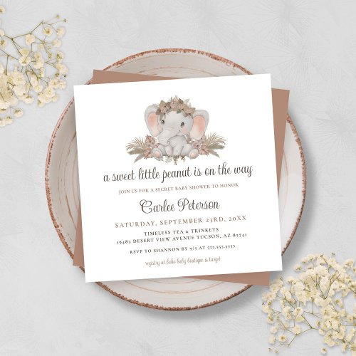 Cute Boho Floral Elephant Baby Shower Invitation