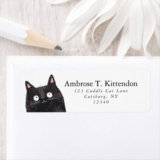 Cute Boho Floral Happy Black Cat Face Art Label (Insitu)