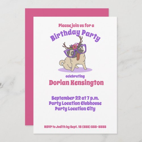 Cute Boho Floral Hippie Pug Any Year Birthday Invitation