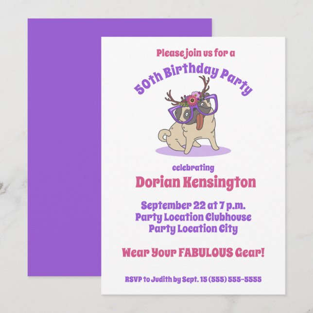 Cute Boho Floral Hippie Pug Fabulous 50th Birthday Invitation (Front/Back)