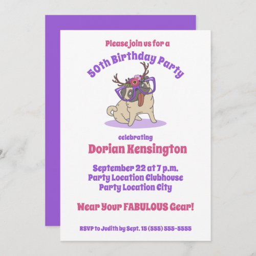 Cute Boho Floral Hippie Pug Fabulous 50th Birthday Invitation