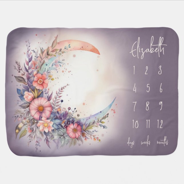 Cute Boho Floral Moon Baby Girl Milestone Blanket (Horizontal)