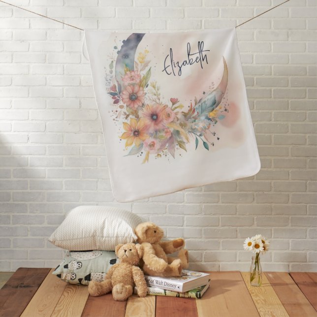 Cute Boho Floral Moon Girl Baby Blanket (In Situ)