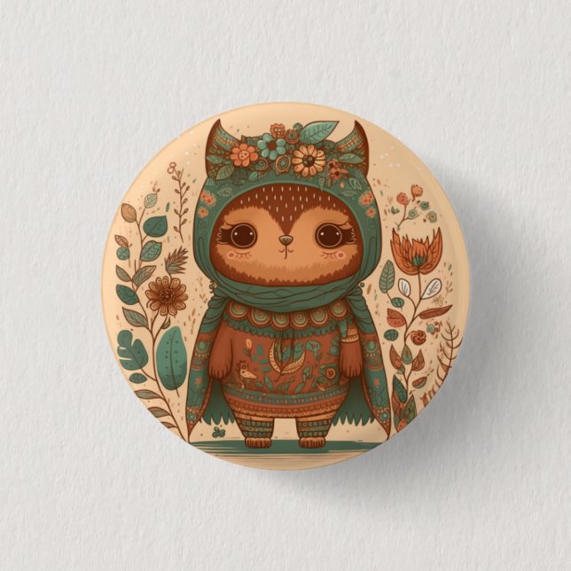 Cute boho floral owl   button (Front)