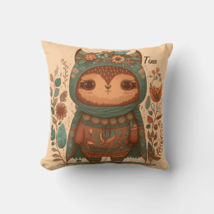 Cute boho floral owl cartoon throw pillow