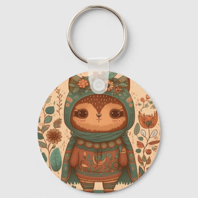 Cute boho floral owl  keychain (Front)