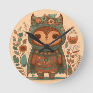 Cute boho floral owl round clock