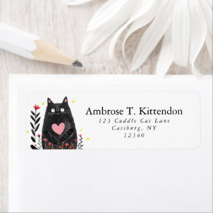 Cute Boho Floral Watercolor Black Cat Art Label