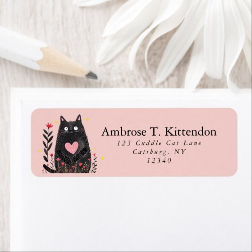 Cute Boho Floral Watercolor Black Cat Art Pink Label