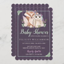 Cute Boho Forest Fox & Owl Baby Shower Invitation
