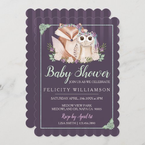 Cute Boho Forest Fox  Owl Baby Shower Invitation