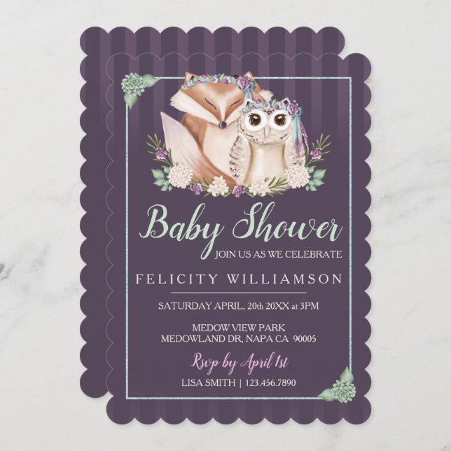 Cute Boho Forest Fox & Owl Baby Shower Invitation (Front/Back)
