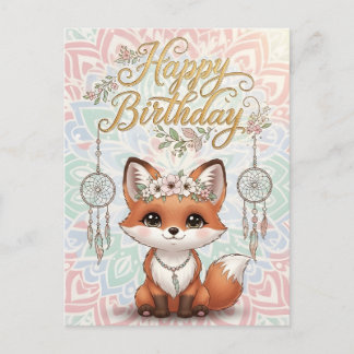 Cute Boho Fox Happy Birthday Card with Dreamcatche