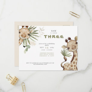 Cute Boho Giraffe Neutral Pampas Birthday Party Invitation Postcard