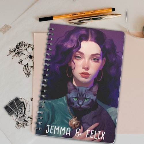 Cute Boho Girl Purple_hair Black Cat Monogram Notebook