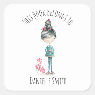 Cute Boho Girl With Bird Bookplate