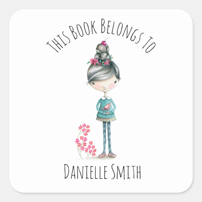 Cute Boho Girl With Bird Bookplate (Front)