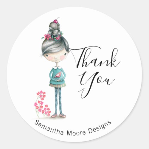 Cute Boho Girl With Bird Thank You Business Classic Round Sticker