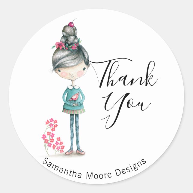 Cute Boho Girl With Bird "Thank You" Business Classic Round Sticker (Front)