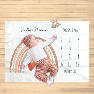 Cute Boho Girls Watercolor Rainbow Milestone Baby Blanket